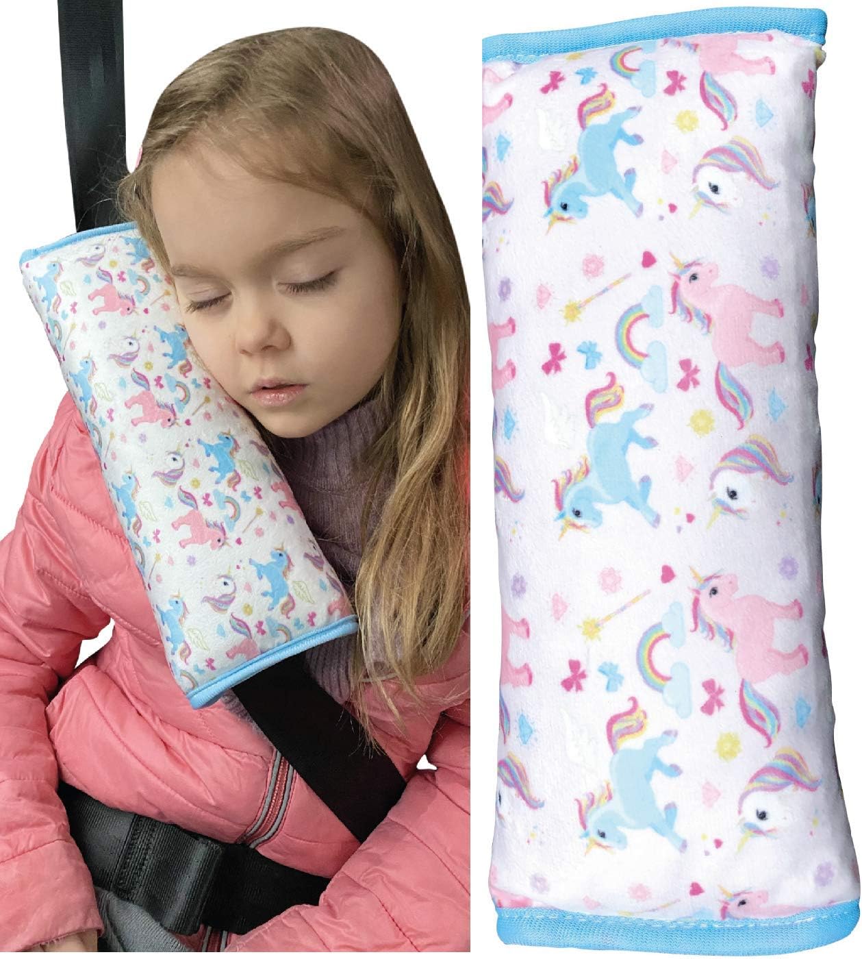 HECKBO magic unicorn car seatbelt pillow for children - machine washable - girl boy kids children soft car seat belt cover sleeping pillows protection car travel pillow cushion vacation