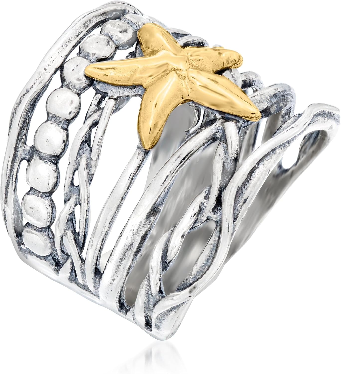 Ross-Simons Sterling Silver and 14kt Yellow Gold Multi-Row Starfish Ring