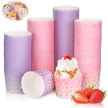 Pack of 100 Muffin Cases Paper 70 x 55 mm Cupcake Cases with Elegant Pattern Heat Resistant Mini Muffins Paper Cups Ice Cream Sundae Cardboard Muffin Decoration for Wedding Party Birthday Pink Purple