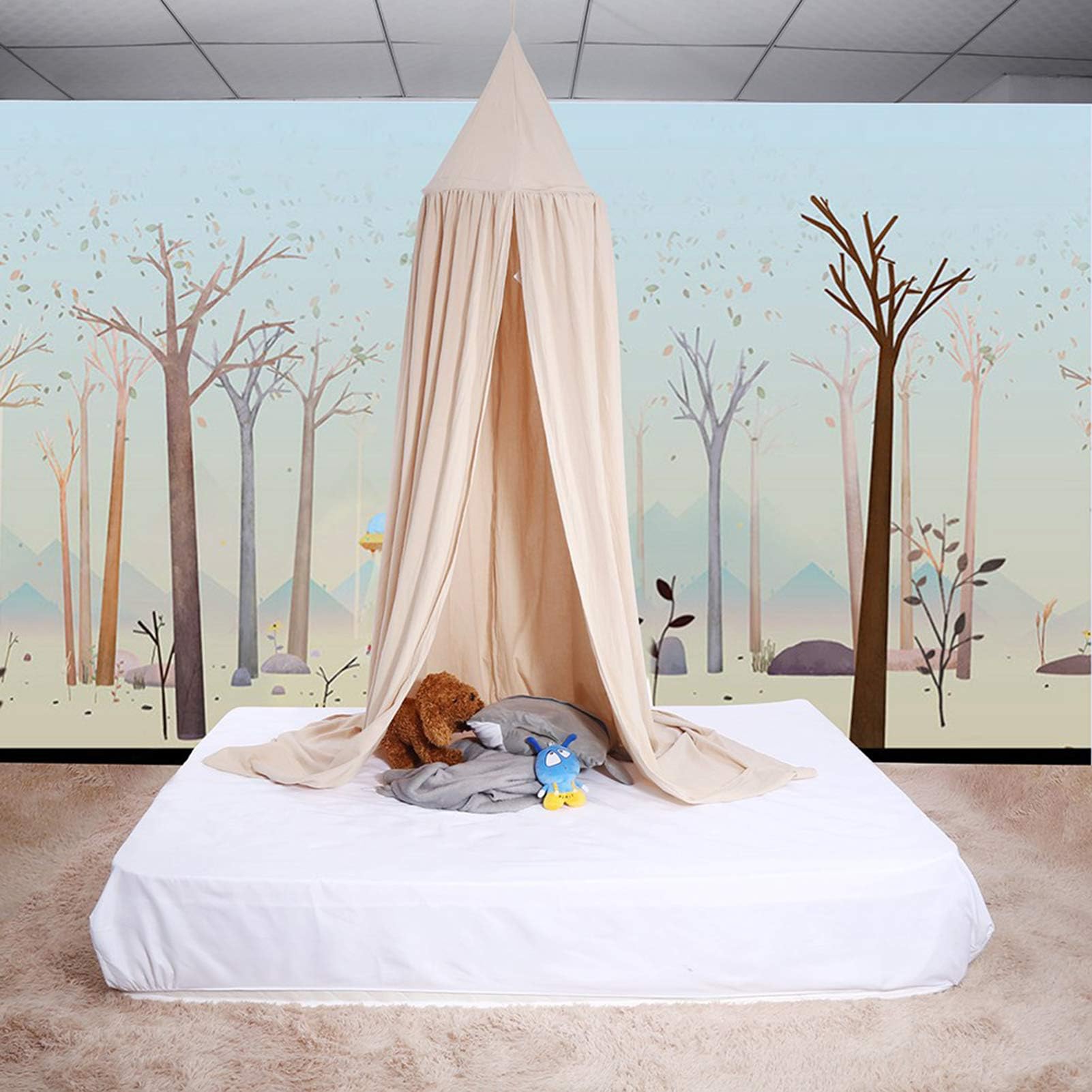 Rundes Babybett Moskitonetz Kuppel aus Baumwolle, Khaki Baldachin Vorhang für Kinderbett mit Stahlring, 235cm Höhe, 50cm Durchmesser, inkl. Montagezubehör