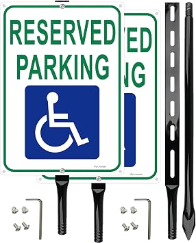 Handicap Reserved Parking Sign with 36 Inches Metal Stakes, Green and Blue, Reflective Aluminum, 14x10 Inches, 2 Pack
