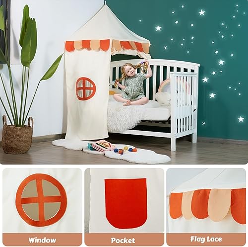 Miniatura 6 de Annualring Tienda de campaña colgante de esquina con luces de estrella, tipi de esquina triangular para niños con decoración de borla de bandera