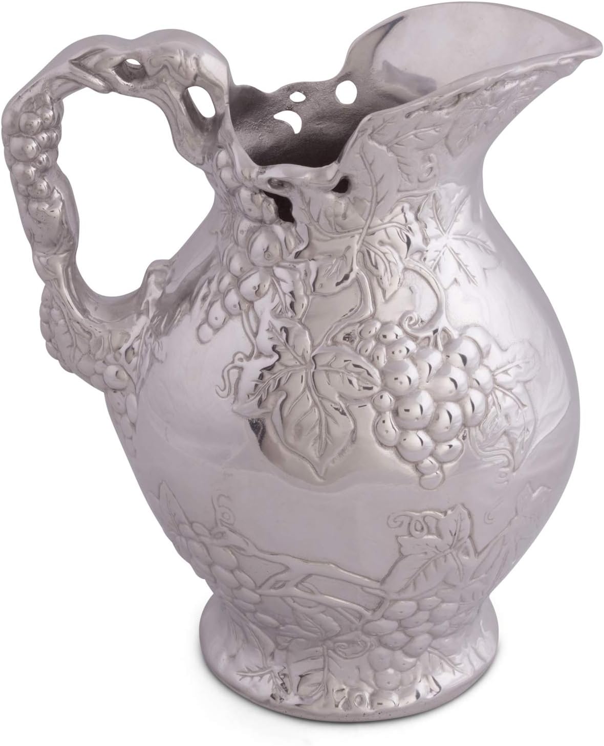 Arthur Court Metal Vineyard Pitcher Grape Pattern Sand Casted in Aluminum with Artisan Quality Hand Polished Design Tarnish Free Water Jug for Hot / Cold Water, Ice Tea and Juice Beverage 10 inch Tall