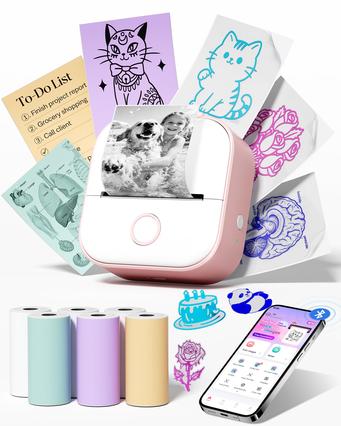 Adesiva Mini Stampante Termica con 6 Rotoli di Carta - T02 Stampante, Rosa | Portatile Bluetooth Sticker Printer per Studio, Note, Immagini, Foto, Diari, fai da te, Compatibile con Telefono e Tablet