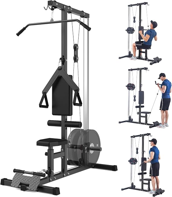Cable Machine, LAT Pull Down Machine, LAT Row Cable Machine with High and Low Pulley Station, Heavy Duty Back Workout Machine with Leg Support for Home Gym Body Training, Black