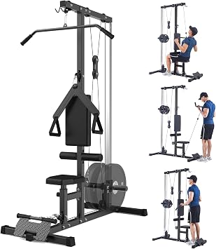 Cable Machine, LAT Pull Down Machine, LAT Row Cable Machine with High and Low Pulley Station, Heavy Duty Back Workout Machine with Leg Support for Home Gym Body Training, Black