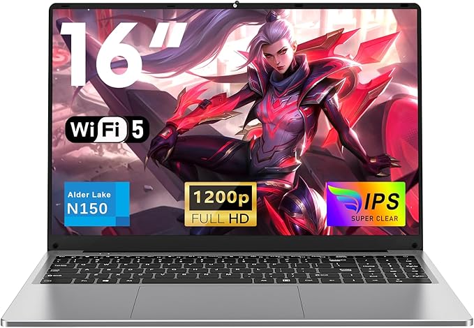 16 Pouces Ordinateur Portable 2026, Processeur N150 (1,2 à 3,6 GHz), 16GB RAM 1TB SSD Laptop Pc Portable, Full HD 1920x1200P, Clavier Rétroéclairé, Batterie 6000mAh, Webcam