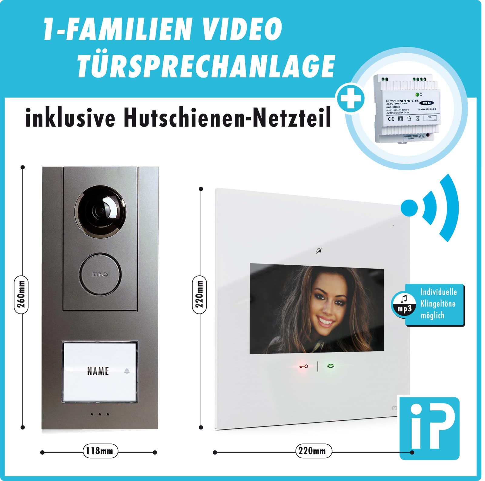 m-e Vistadoor Vistus Video-Türsprechanlage | Aluminium Außenstation für 1-Familienhaus | 7“ Innenstation | iP Türklingel mit Kamera | 4-Draht Freisprechanlage Video Sprechanlage Einfamilienhaus