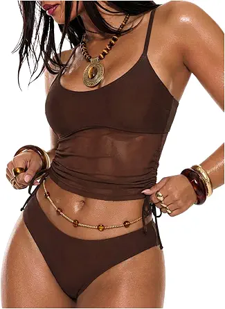Floerns Women's Boho 2 Piece Tankini Sets Mesh High Waisted Bathing Suit Adjustable Strap