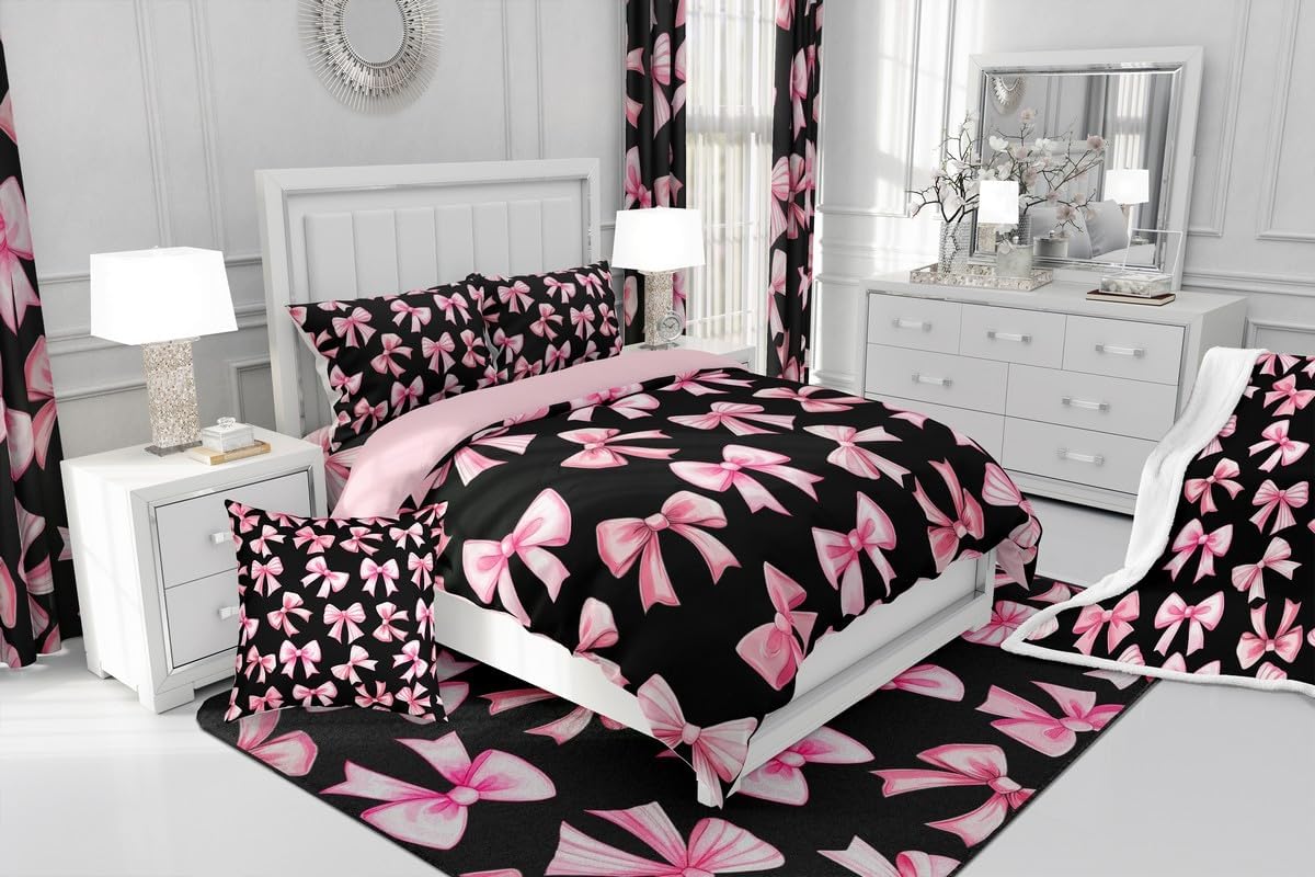 Feelyou Kawaii Pink Bow Comforter Set Twin Dreamy Princess Style Bedding Set Cute Bowknot Duvet Quilt Gifts for Women Teen Girl,Bedroom Decor Cute Coquette Bow Knot 2 Pcs with 1 Pillow Cases