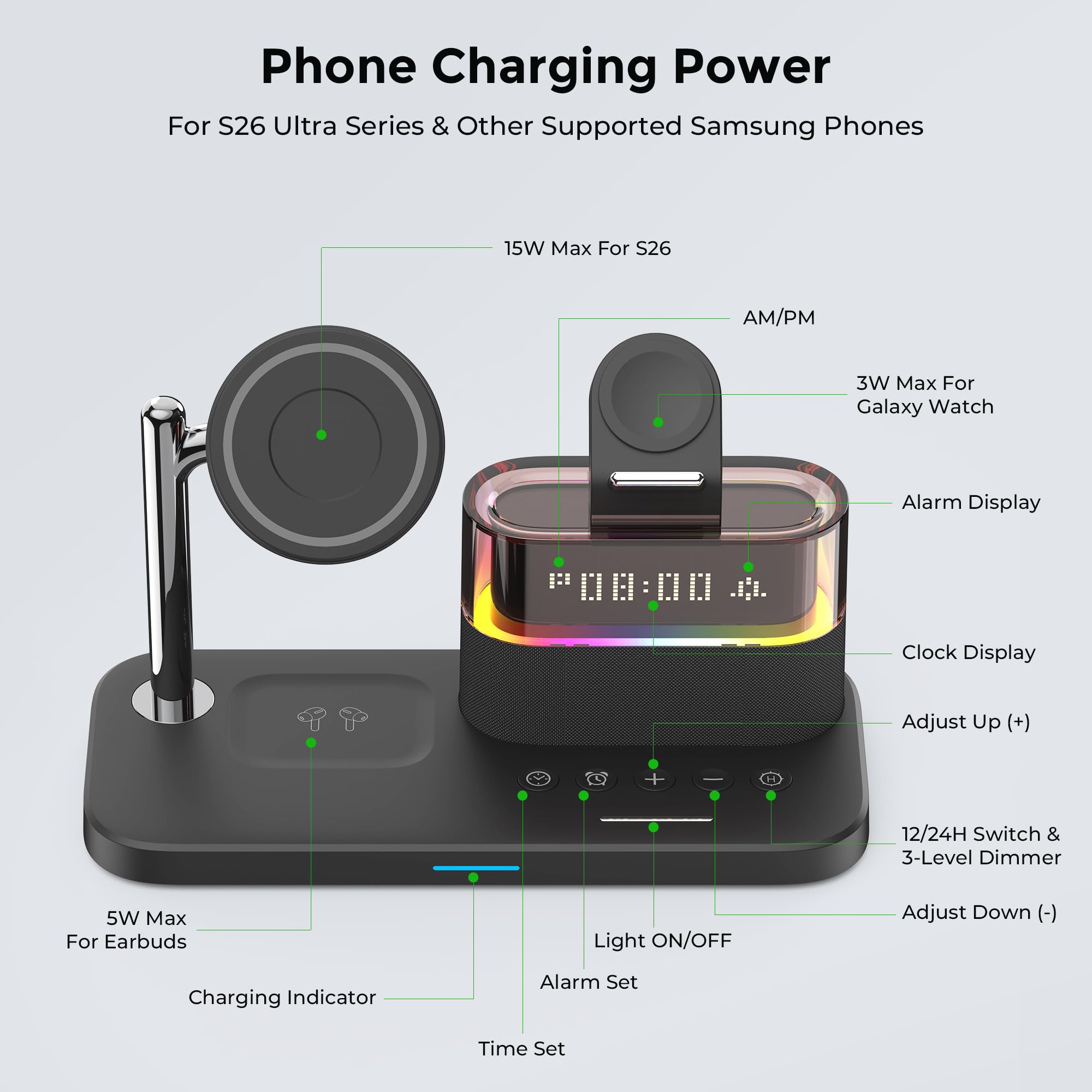 Qi2 - Stazione di ricarica 3 in 1 per iPhone 16/15/14/13/12 serie m. sveglia e luce RGB, supporto di ricarica magnetico con adattatore PD 30 W, caricatore rapido da 15 W per iWatch/Apple Earbuds (nero