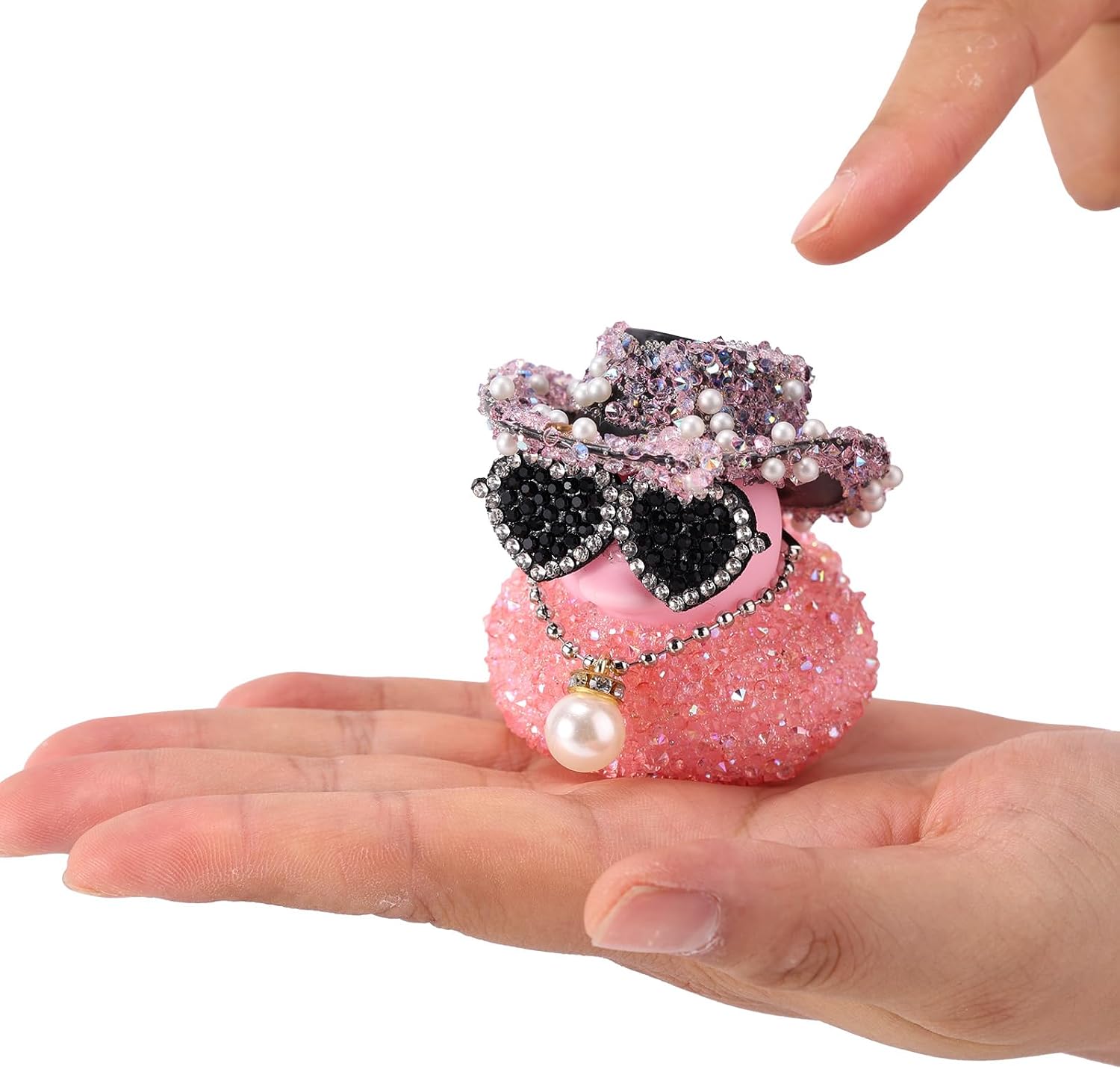 Diamond Rubber Duck, 2x2.17 Inch Car Ornaments Duck with Cowboy Hat & Sunglasses & Pearl Pendant Necklace Funny Dashboard Decorations Cool Office Car Accessory (Pink) image 5