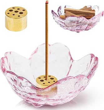 Incense Holder for Sticks, Glass Backflow Incense Burner with 9 Stick Holes, Handmade Cherry Blossom Incense Holder with Ash Catcher for Meditation, Yoga, Home Decor NO with Gilt-Edged