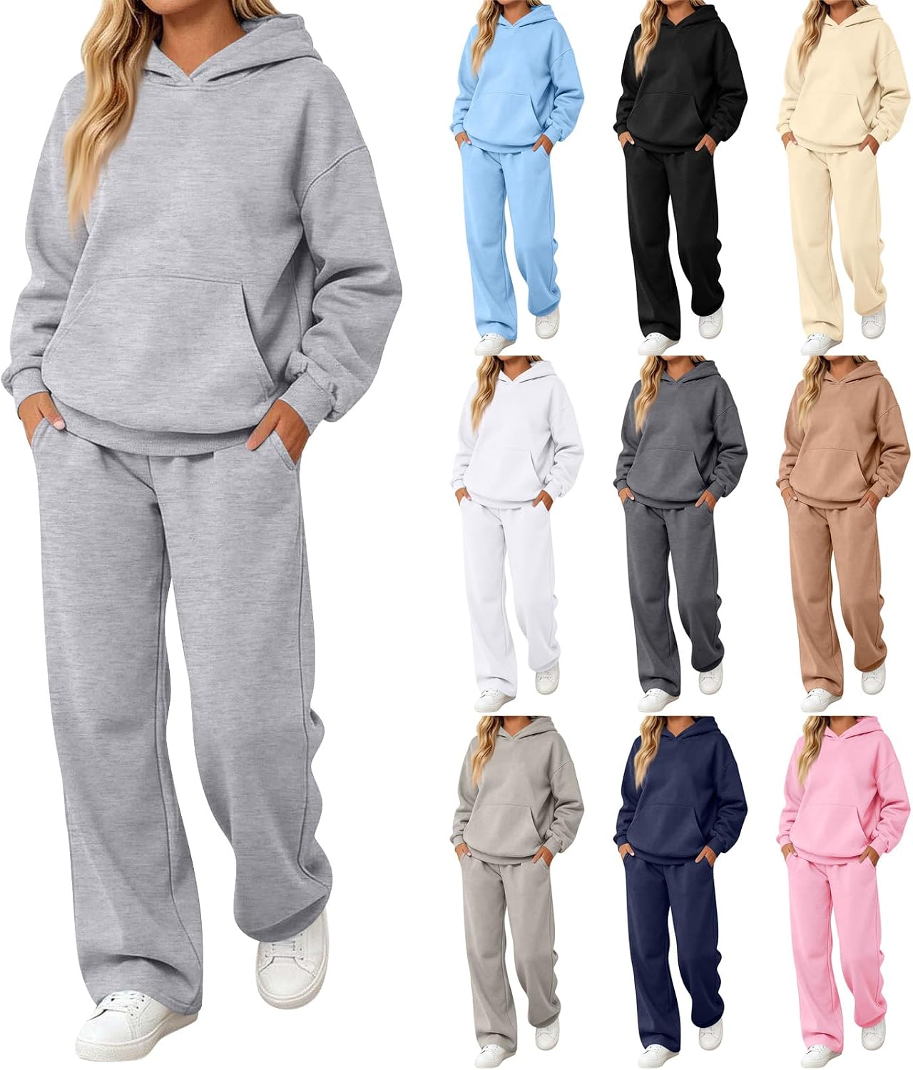 FQZWONG Womens Sweatsuits 2 Piece Outfit Track Suit Oversized Hoodie Wide Leg Sweatpant Soild Sweat Set Fall Winter Clothes