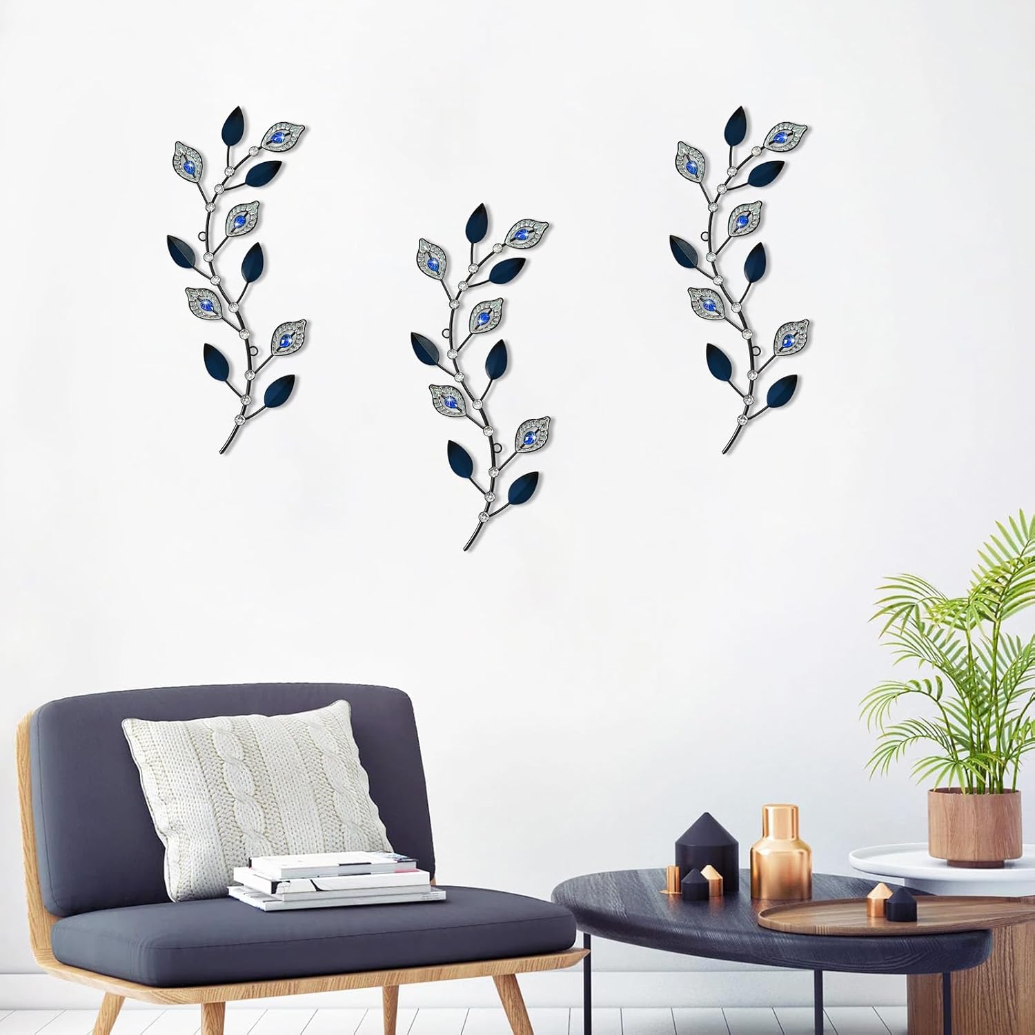 Cityelf 3 Set Crystal Leaf Wall Art Sculpture Iron Tree Leaves Branch Hanging Wall Décor Jeweled Bling Home Deor Acrylic Diamond Accent …