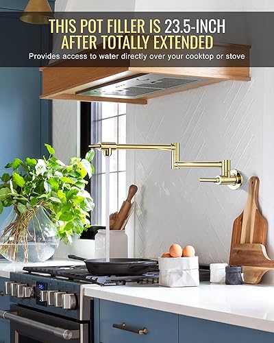 Miniatura 37 de WOWOW Grifo de llenado de ollas de níquel pulido, relleno de olla de latón macizo, montaje en pared, grifo de estufa de cocina con brazos oscilantes