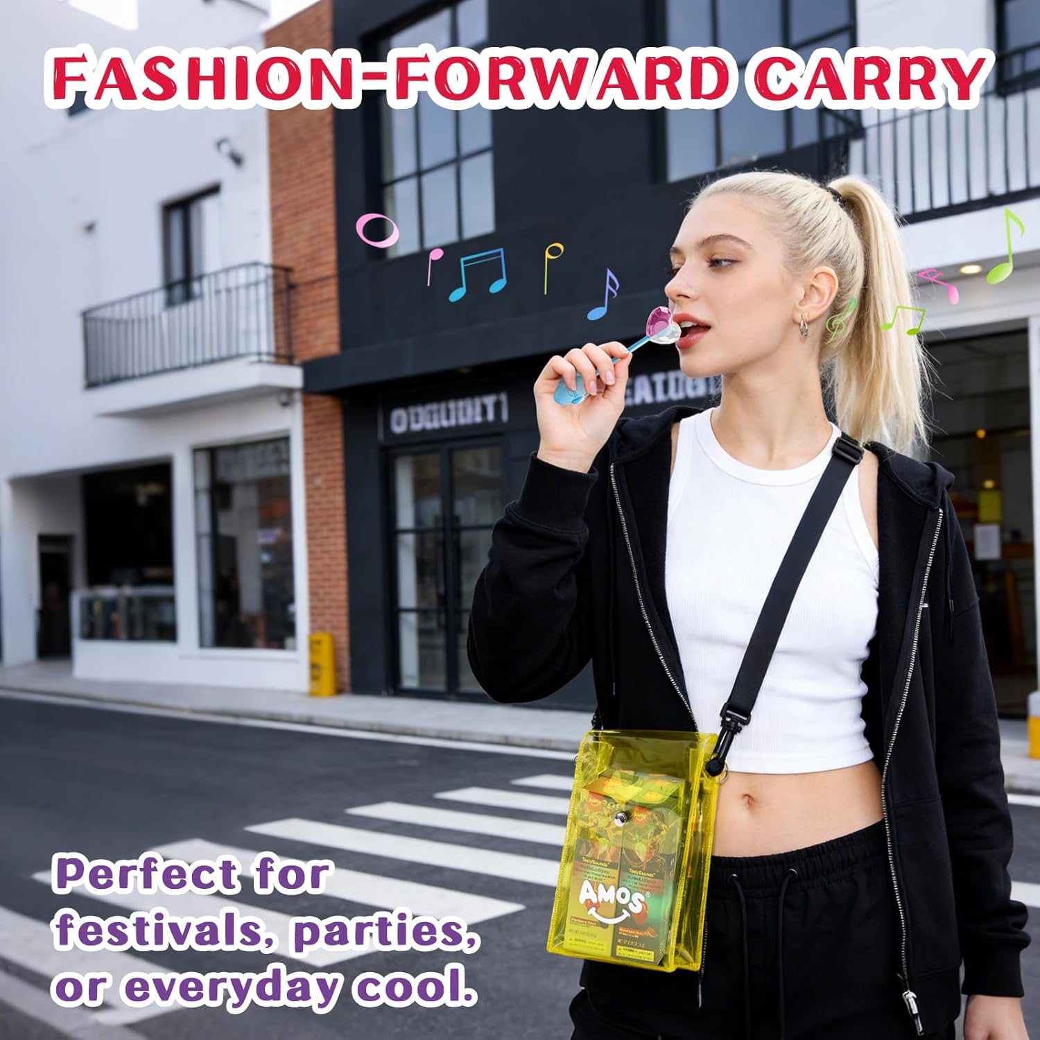 Amos TastySounds Wearable Music Lollipop Set - 4 Flavors & Music Styles with Trendy Yellow PVC Crossbody Bag, Bone Conduction Tech Candy, Fashionable Sensory Gift for Festivals & Tech Enthusiasts