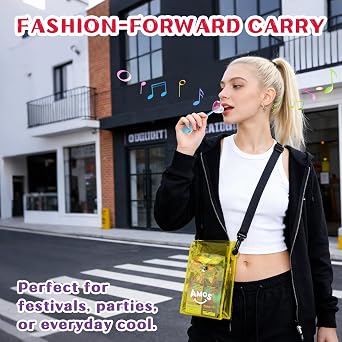 Amos TastySounds Wearable Music Lollipop Set - 4 Flavors & Music Styles with Trendy Yellow PVC Crossbody Bag, Bone Conduction Tech Candy, Fashionable Sensory Gift for Festivals & Tech Enthusiasts