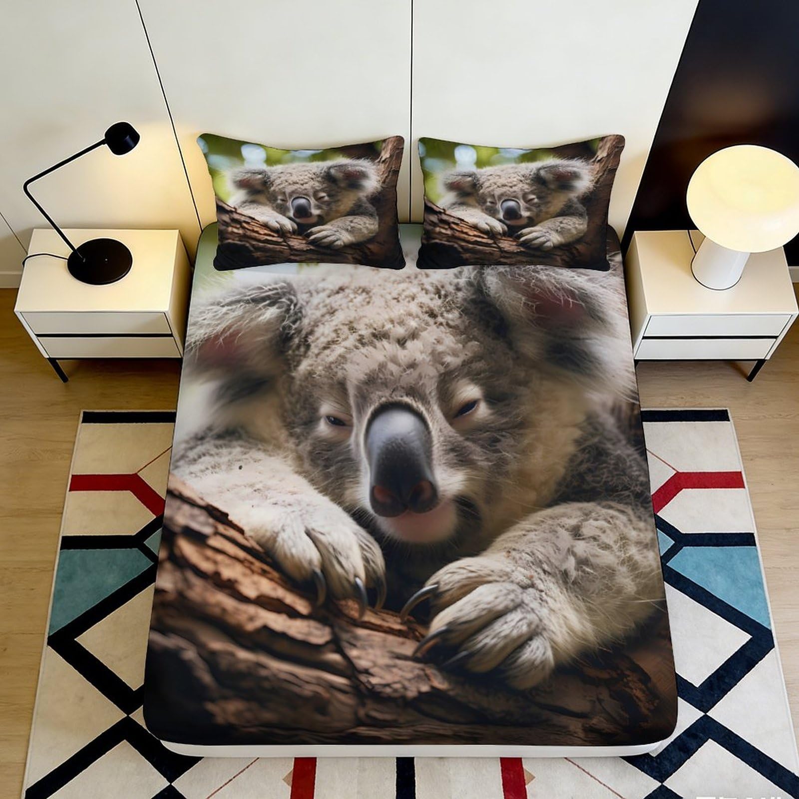 3D Printed Koala Animal Fitted Sheet Microfiber Soft Durable 3D Printed Koala Mattress Cover for Bedroom Dormitory Guest Room Mattress Protection 180x200x25cm