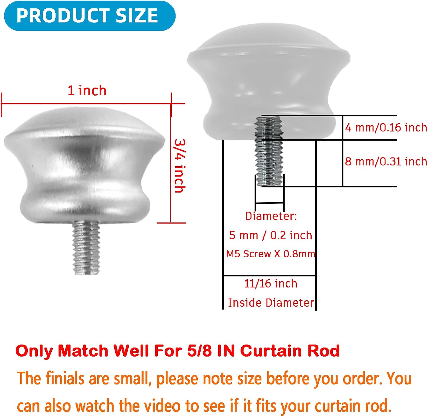 Finials For Curtain Rods, 4Pcs Plastic Curtain Rod Finials for 5/8 Inch Dia Rod,Drapery Rod Finials of Mushroom Shape,M5 Thread Dia(Silver)