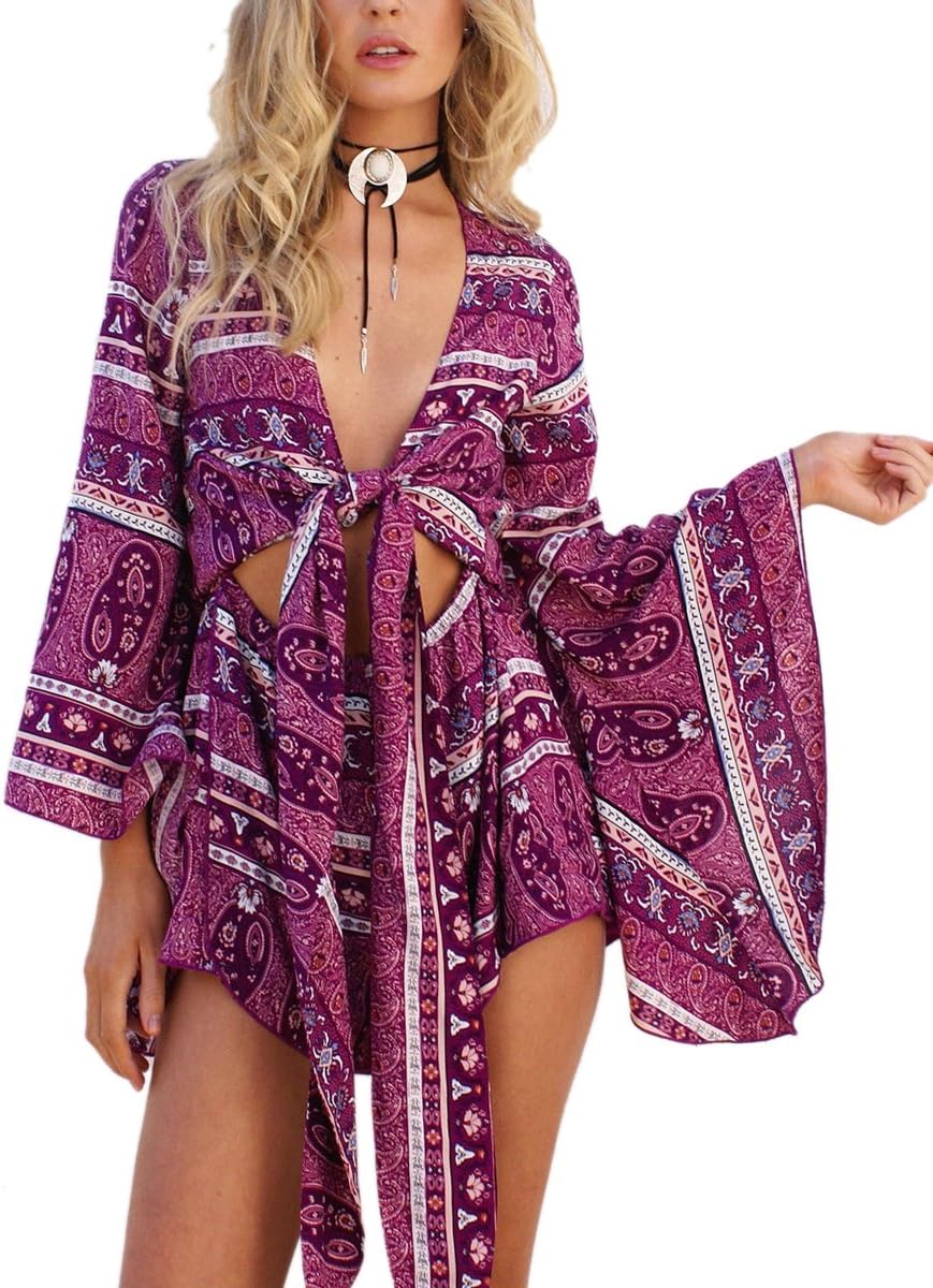AELSON Women's Boho V Neck Print Romper Playsuit With Long Flare Sleeves