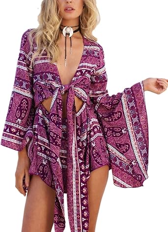 AELSON Womens Boho V Neck Print Romper Playsuit With Long Flare Sleeves