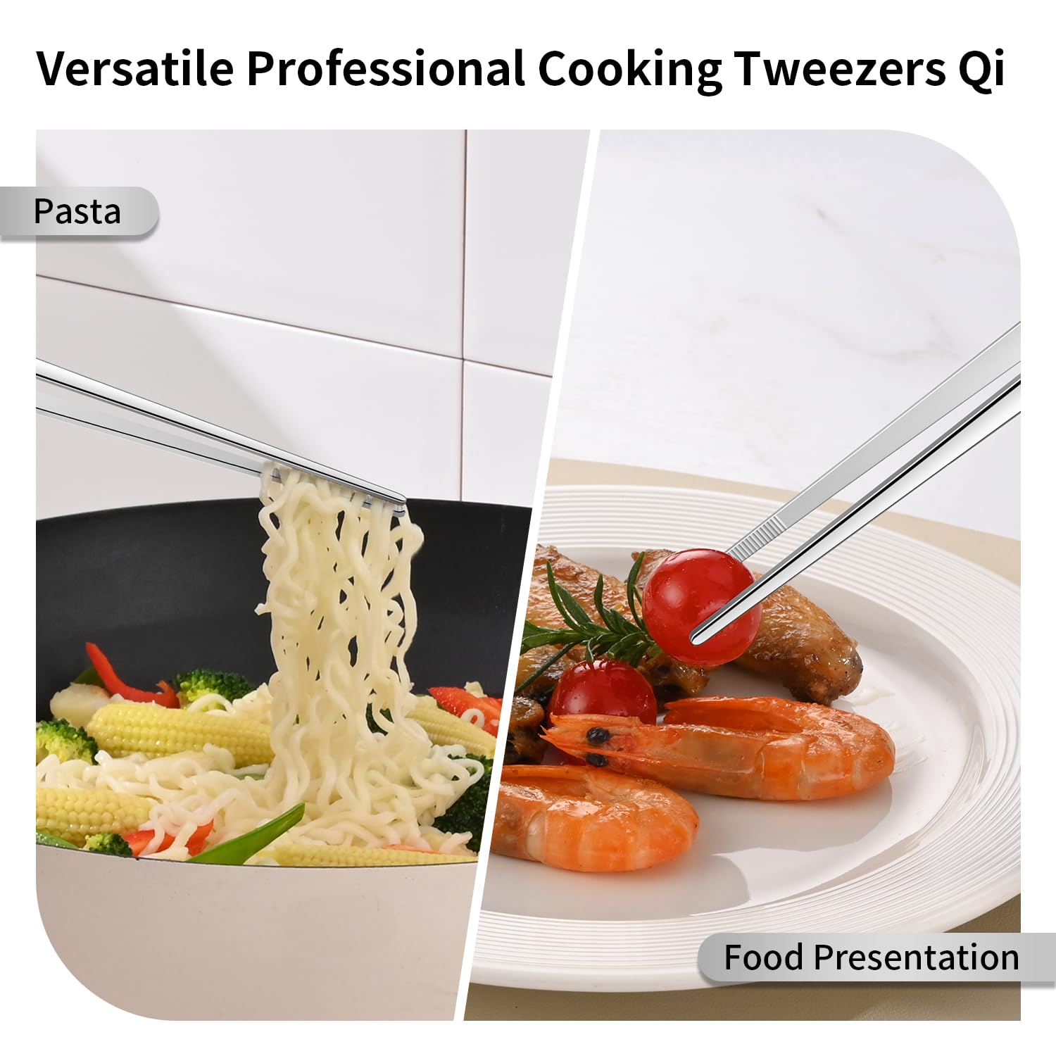 DEHOV Pinzas largas de cocina de acero inoxidable de 12 pulgadas para cocinar, pinzas de metal para pasta, pinzas de espagueti Skinny Chef