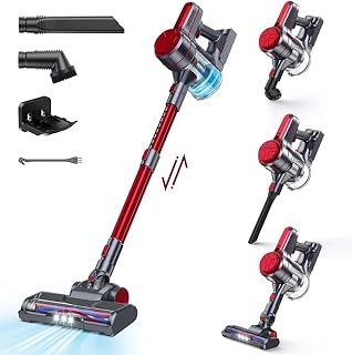EICOBOT Cordless Vacuum Cleaner, 20000Pa High Efficiency Stick Vacuum, 6 in 1 Lightweight Quiet Vacuum Cleaner with 35min Long Runtime, Detachable Battery, for Hardwood Floor Pet Hair, Car, Crimson