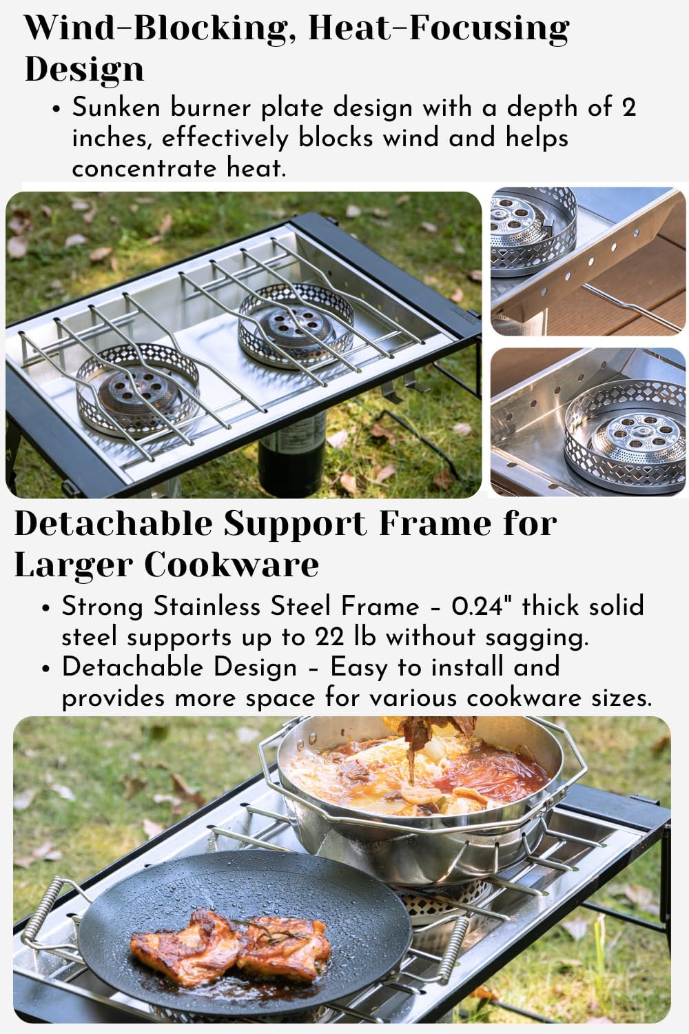 CAMPINGMOON Dual Canister Top Stove Plate Stainless Steel Frame IGT Table Top Gas Burner– Windproof Recessed Design for Camping CK-50PG (Gas stove not included)