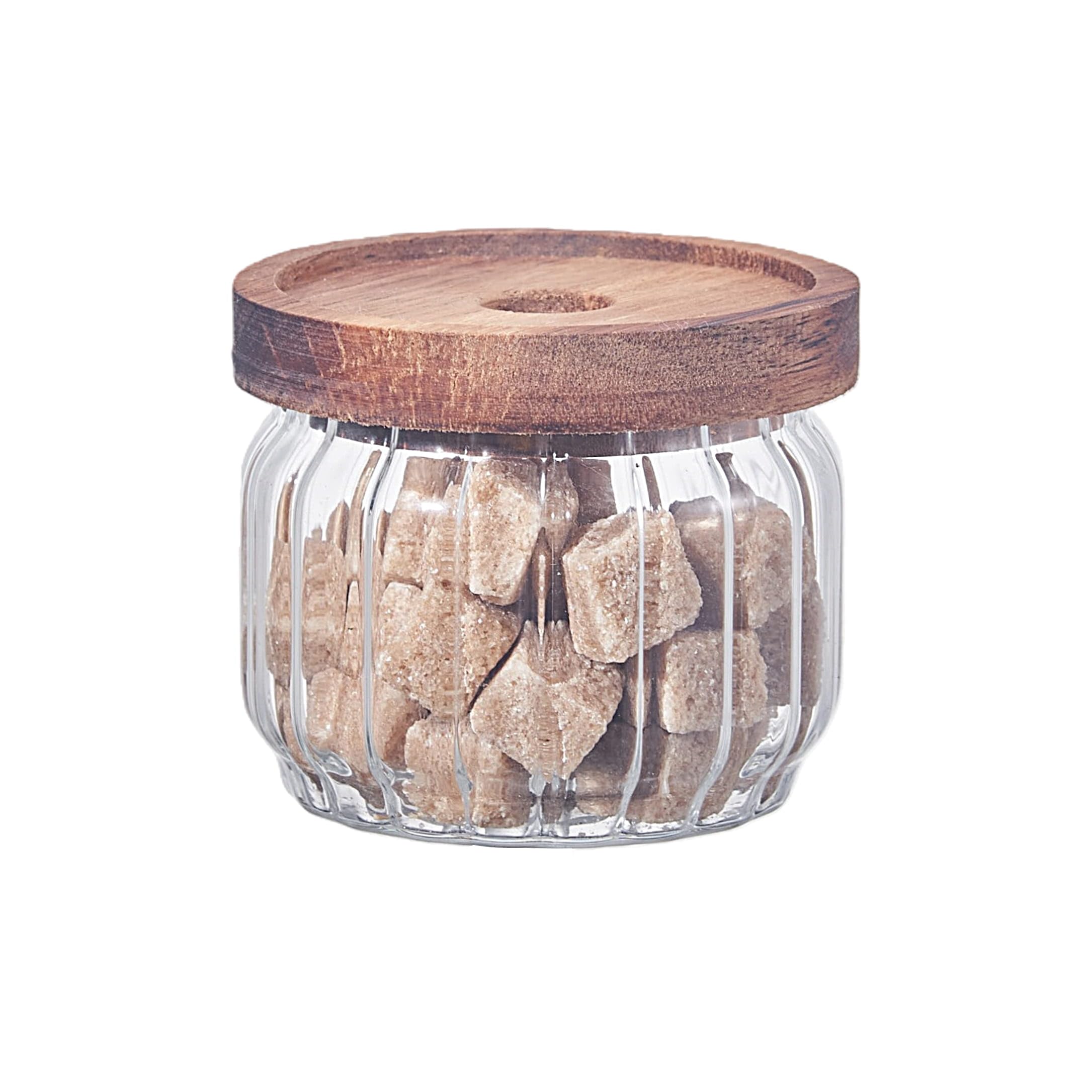 Eden & Willow Transparent Ribbed Airtight Glass Kitchen Storage Jar With Acacia Wooden Lid - Pantry Organisation Canisters For Coffee, Tea, Sugar, Flour, Pasta, Spices, Grains, Oats (1, 300Ml)