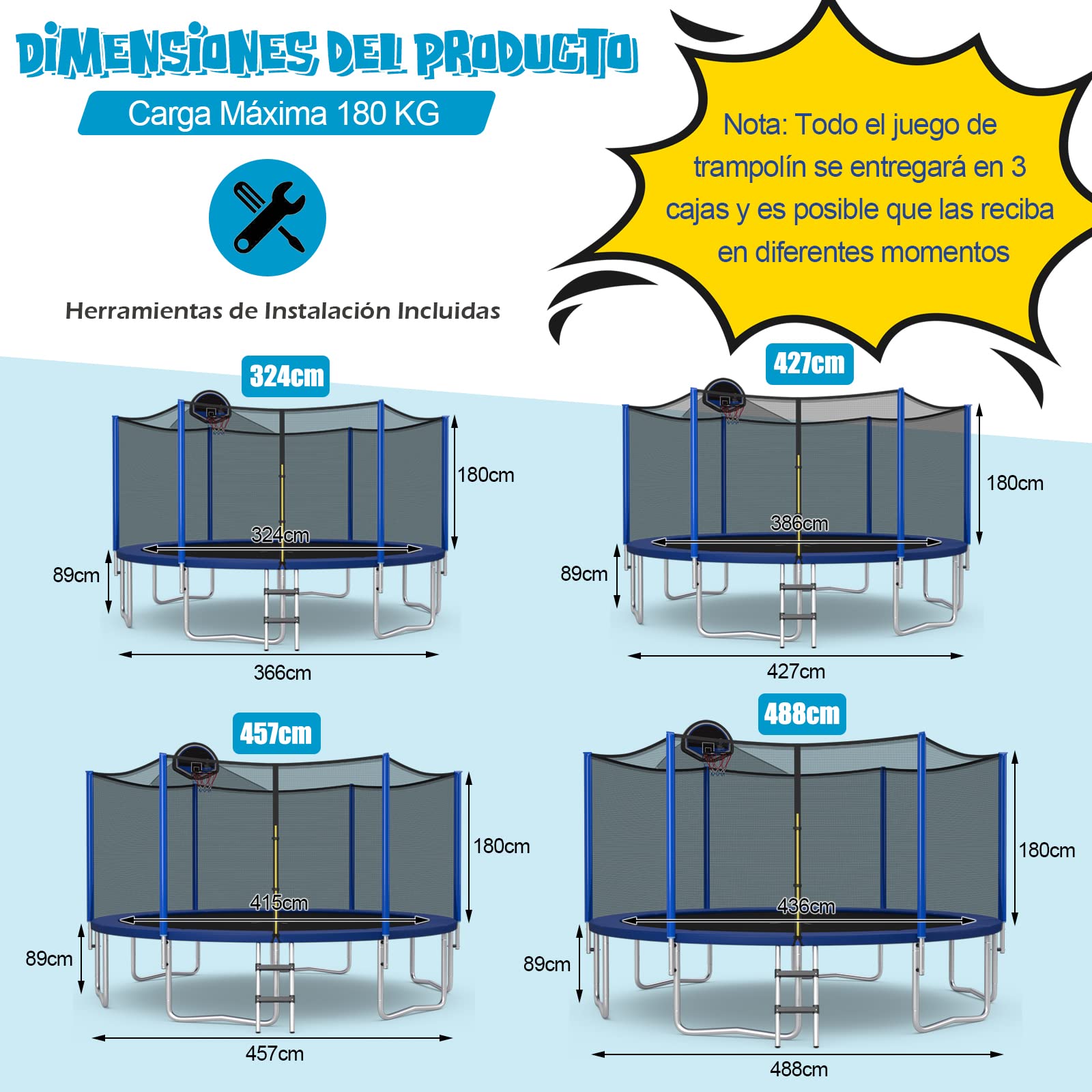 COSTWAY Cama Elastica Niños Exterior Ø366 cm, Trampolines para Niños y Adultos con Red de Seguridad, 72 Muelles y Escalera de 3 Peldaños, Cansta de Baloncesto, Cama Elástica Capacidad de Carga 180 kg
