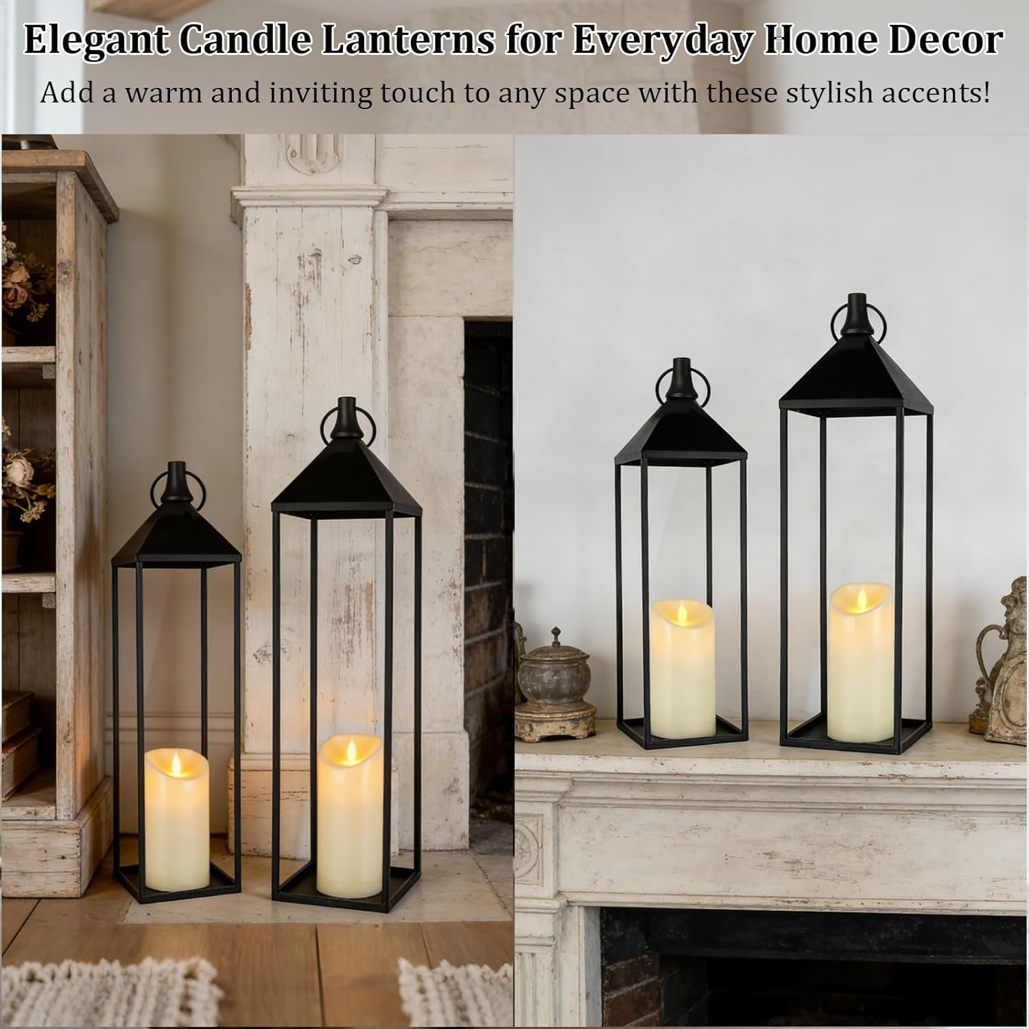 22" 19" Modern Farmhouse Candle Lantern Decor Set of 2 Large Black Metal Candle Lanterns with Flameless Candles, Lanterns Decorative Indoor for Fireplace Mantle Table Outdoor Lanterns for Patio Porch