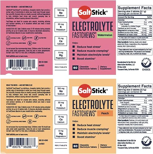 Miniatura 2 de SaltStick FASTCHEWS® - Paquete variado de 2 botellas de 60 unidades de melocotón y sandía con tubo Race Ready