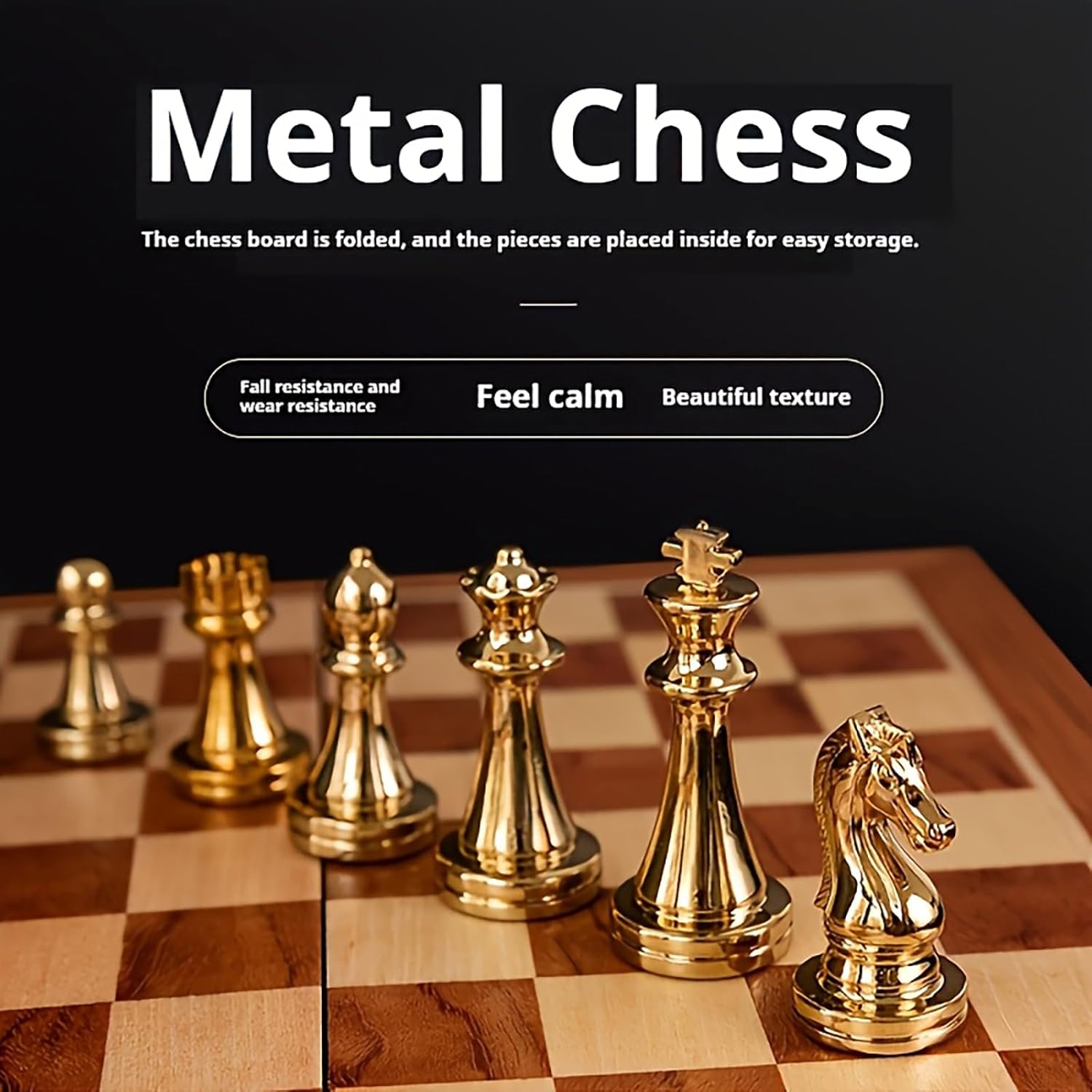 15-Inch Metal Chess Set with Wooden Storage Box - Folding Travel Board, Alloy Chess Pieces for Adults, Strategy Game & Home Decor