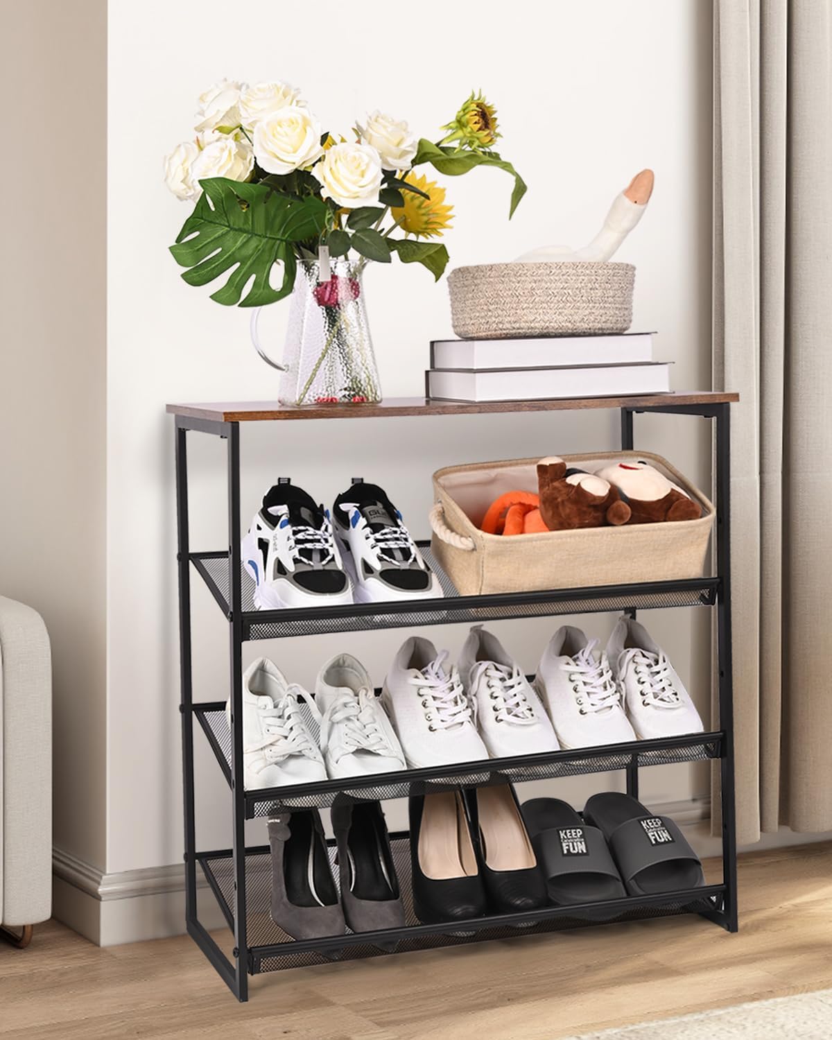 4-Tier Shoe Rack, Tilting Adjustable Freestanding Shoe Organizer, Wooden Top with 4 Metal Mesh Shelves, Shoe Rack for Front Door, Entryway, Hallway, Closet, Industrial (4-Tiers)