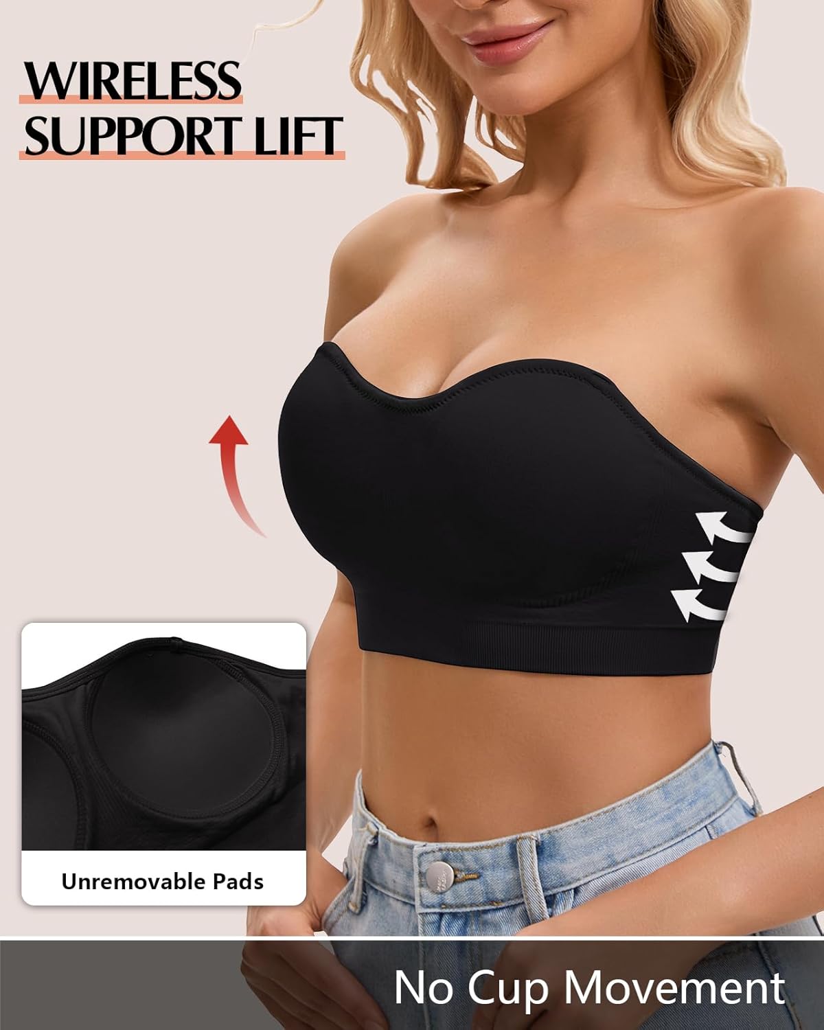 WOWENY Strapless Bras for Women Non-Slip Padded Bandeau Bra Supportive Wireless Tube Top Bra No Underwire Seamless Bralette