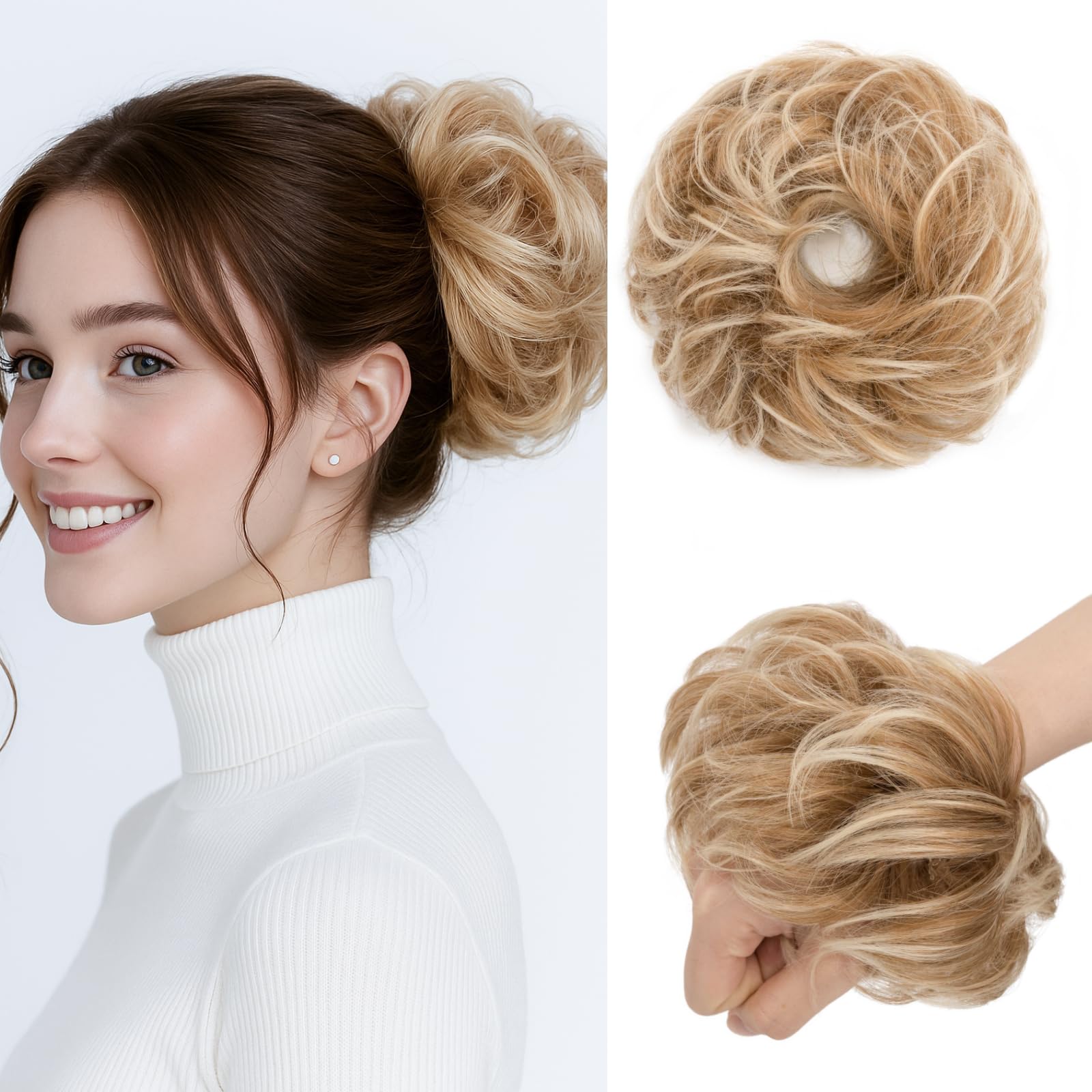 Benehair Messy Bun Hair Piece Curly Wavy Hair Scrunchies Messy Bun Scrunchie Synthetic Donut Updo Hair Pieces for Women Girls (Auburn & Blonde