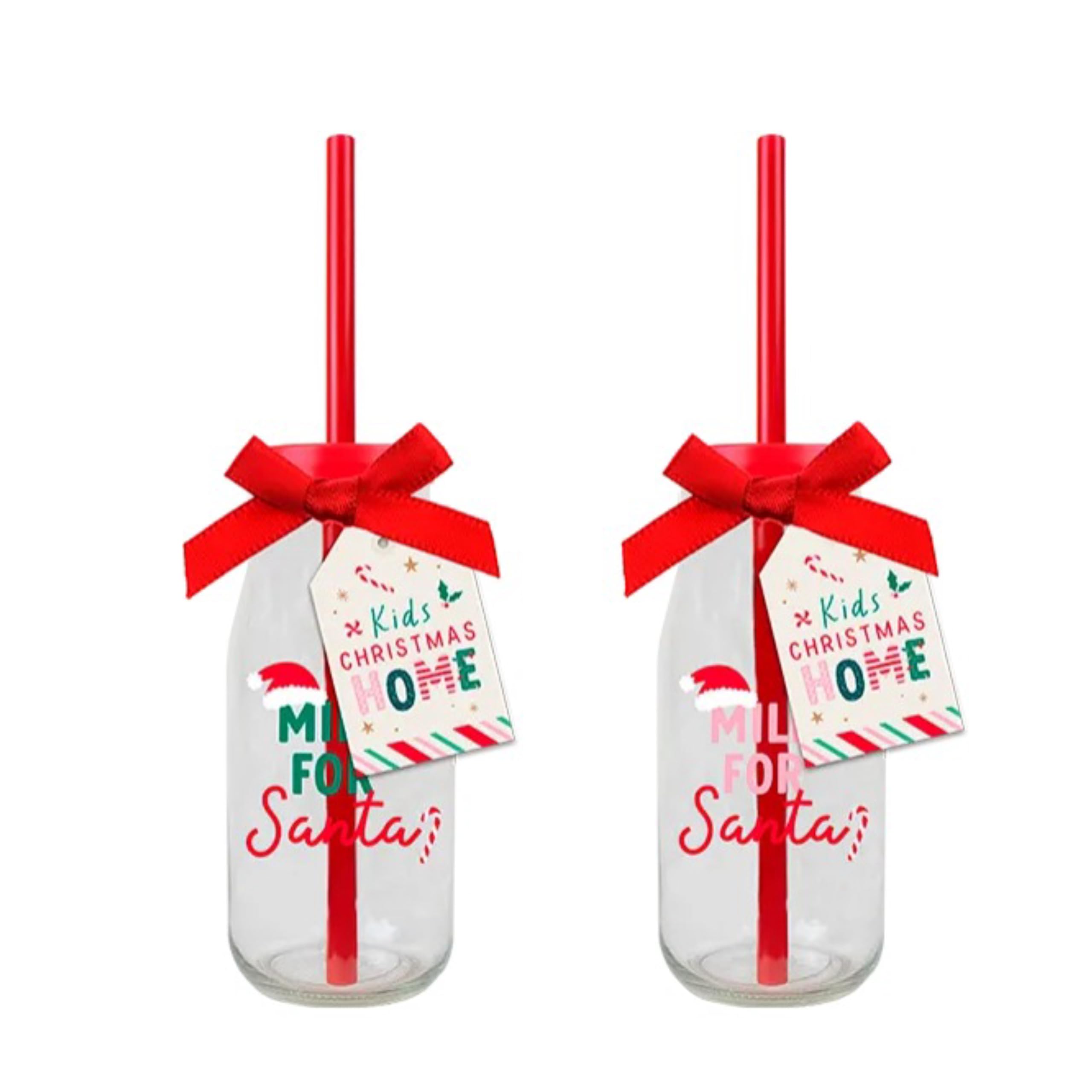 eBoutik - Set of 2 Christmas Milk for Santa Glass Bottles Set - Xmas Holiday Drink Containers with Straws Design for Children, Reusable Xmas Eve Festive Stocking Fillers