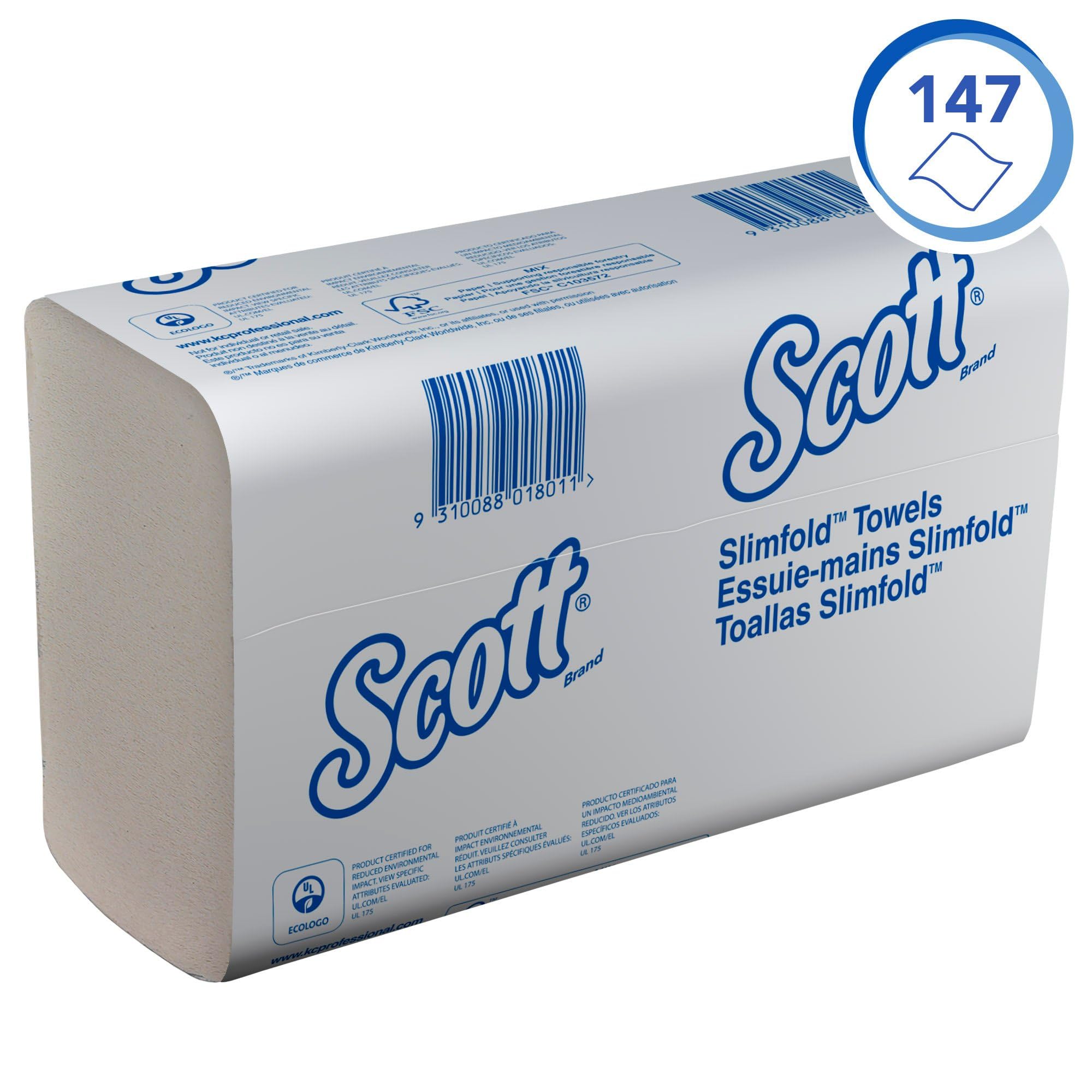 Scott Papierhandtücher Slimfold, 1-lagige weiße Papiertücher für Spender, Mit Airflex-Technologie und Einzelblattentnahme, 12 Packungen x 147 Falthandtücher (1.764 Tücher), Artikel-Nr. 5856