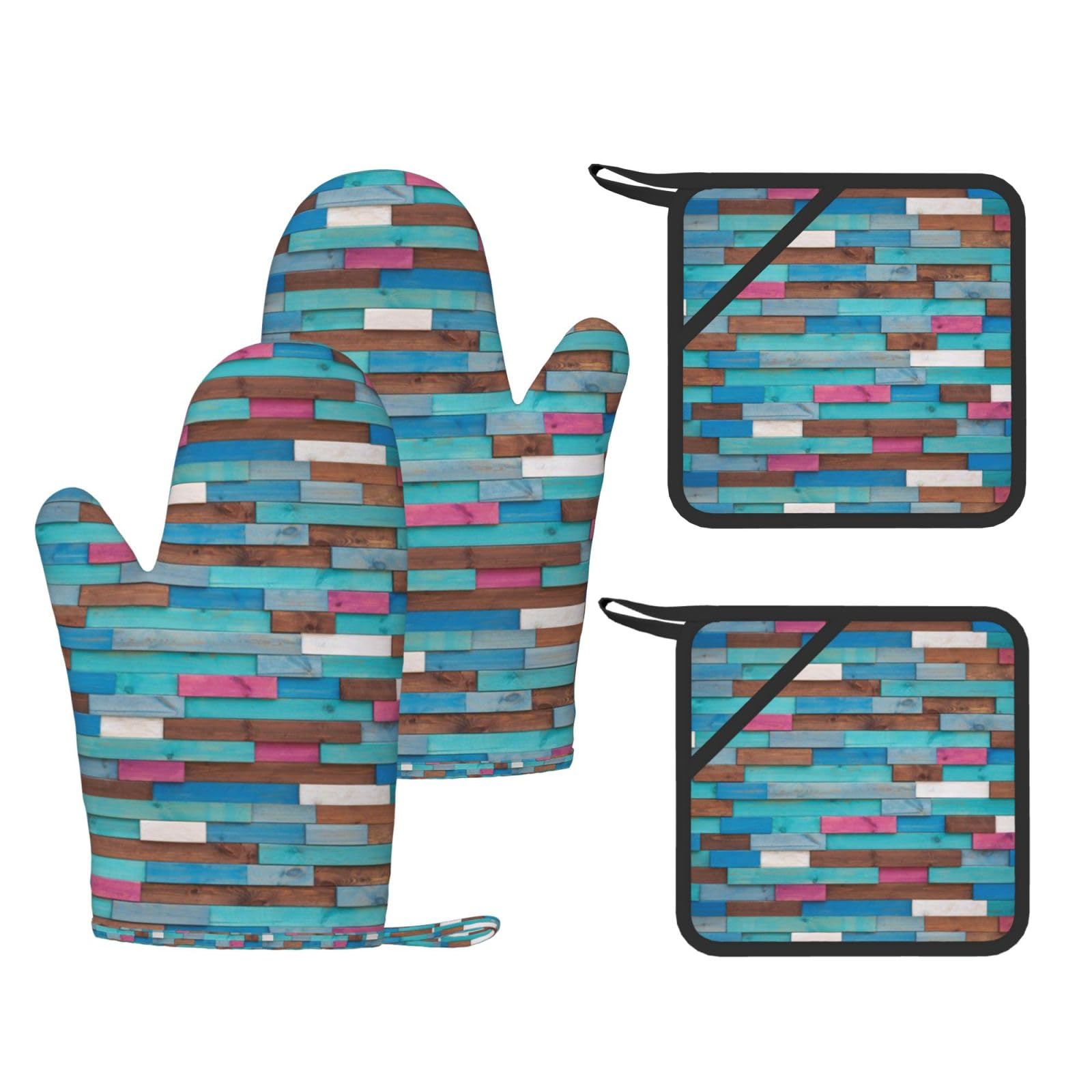 Ensemble de Quatre Gants et maniques résistants à la Chaleur, Gants de Cuisine antidérapants, maniques de Four, Motif Arbre Bleu coloré
