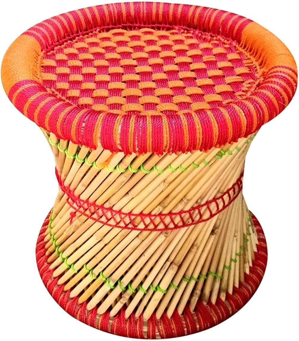 HARSHITCRAFT Harshit Craft ! Orange & Red Pure Handmade Bamboo Mudda Weaving Stool Multi Wave Design - 15 X 15 Inch