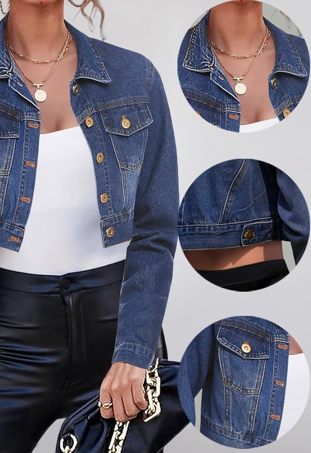 Women's Cropped Denim Washed Distressed Button Down Long Sleeve Jean Jacket Coats - Image 4