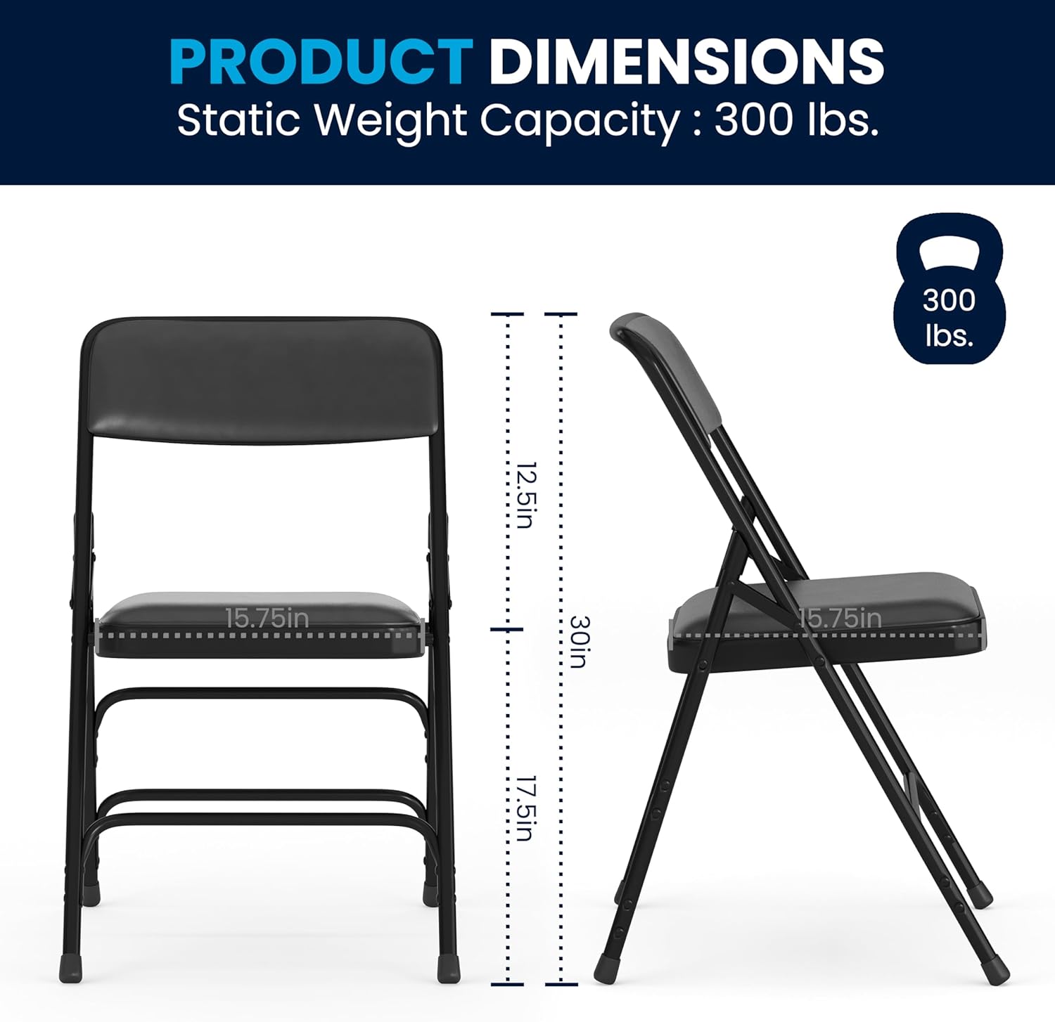 Flash Furniture Hercules Series Metal Folding Chairs for Parties and Weddings, Commercial Event Chairs with Padded Seats, 300-lb. Static Weight Capacity, Set of 4, Black