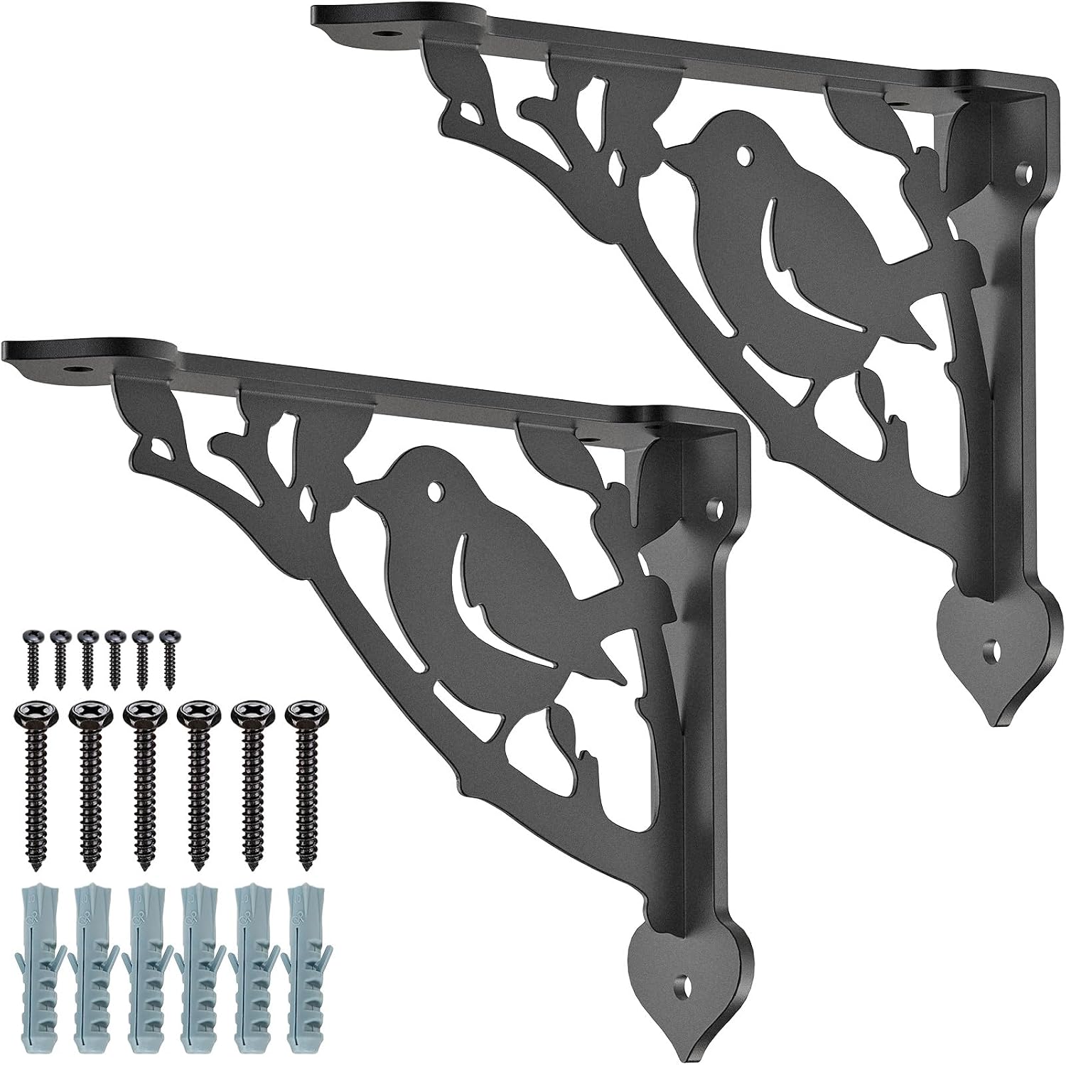 SELEWARE Heavy Duty Shelf Brackets 8 Inch, Bird Shelves Brackets, 300LB Capacity Decorative Metal L Brackets for Floating Shelves, Black Rustic Wall Mount Shelving Bracket with Screws, 2 Pack