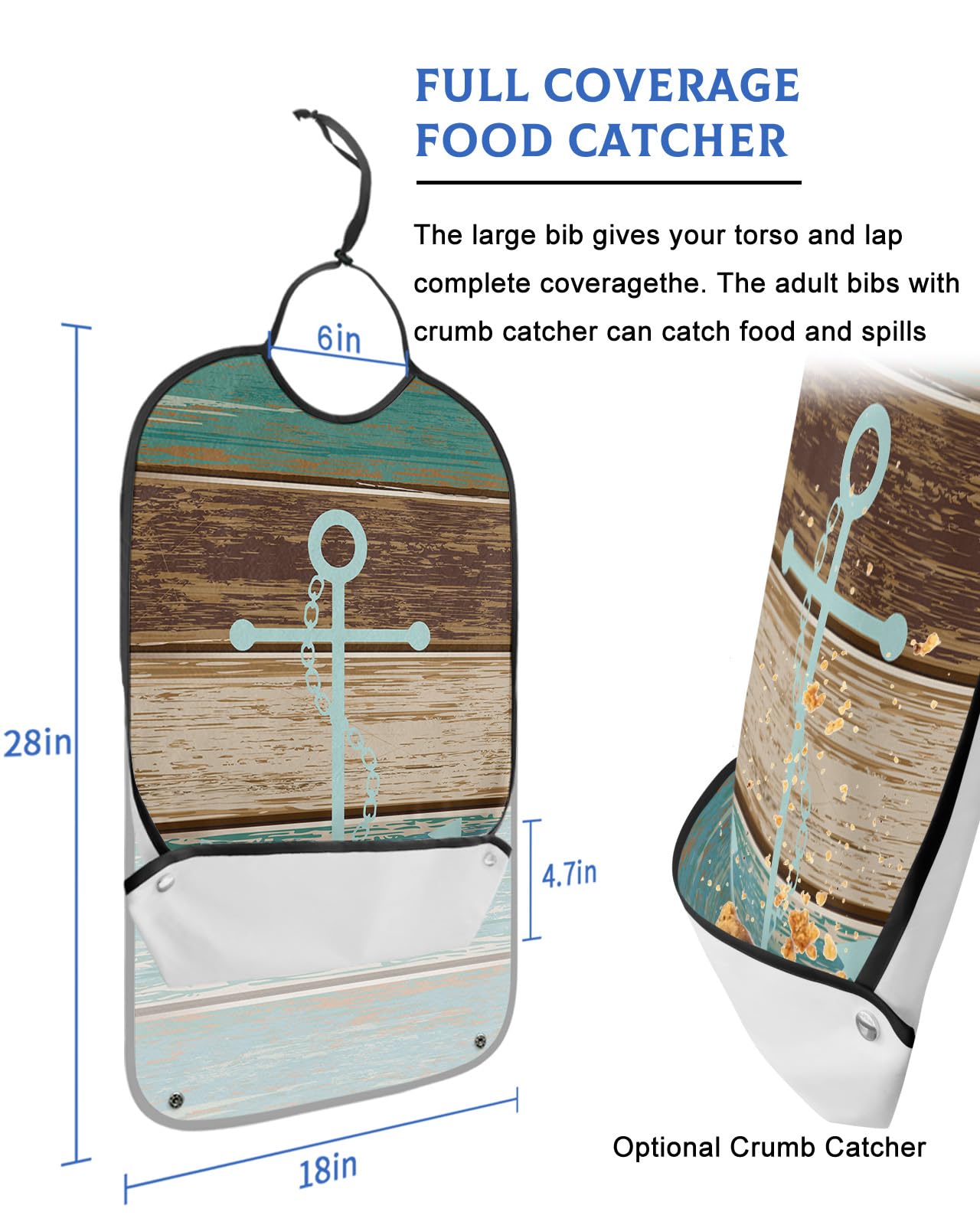 Teal Brown Wood Adult Bibs for Eating, Waterproof Bibs with Food Catcher & Adjustable Snap Closure, Summer Beach Nautical Anchor Ocean Coastal Clothing Protectors Adult Bibs for Elderly Women/Men
