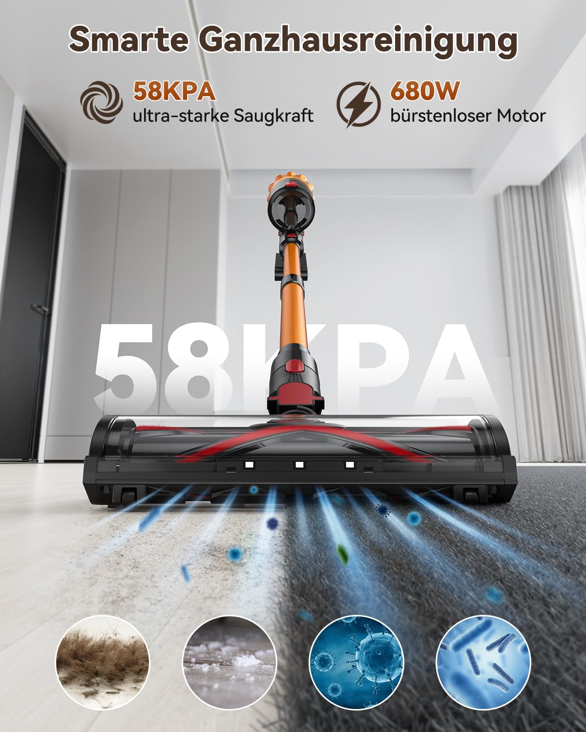 TechRise Aspirador de polvo con batería, 58 KPA/680 W/70 min, pantalla táctil LED, 3 modos inteligentes, antienredos y filtro 8 en 1, autoportante, para alfombras, suelos duros y pelo de mascotas