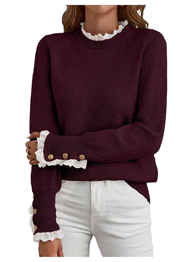 MakeMeChic Womens Fall Sweaters Lace Peplum Mock Neck Cozy Sweater Pullover