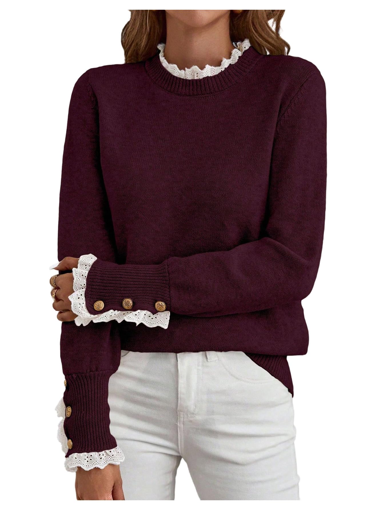 MakeMeChic Womens Fall Sweaters Lace Peplum Mock Neck Cozy Sweater Pullover