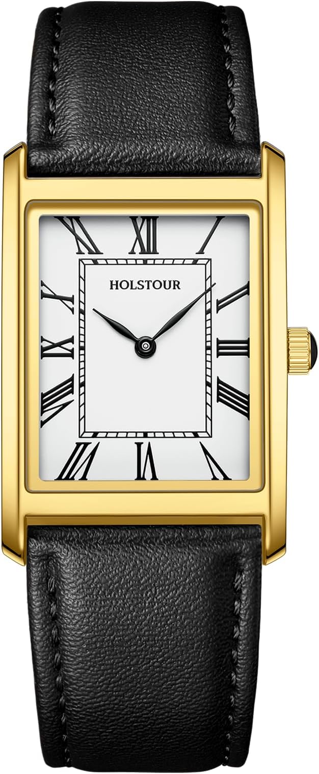 Watches for Men Business Simple Model Rectangle Roman Numerals Case Water Resistant with Leather Strap