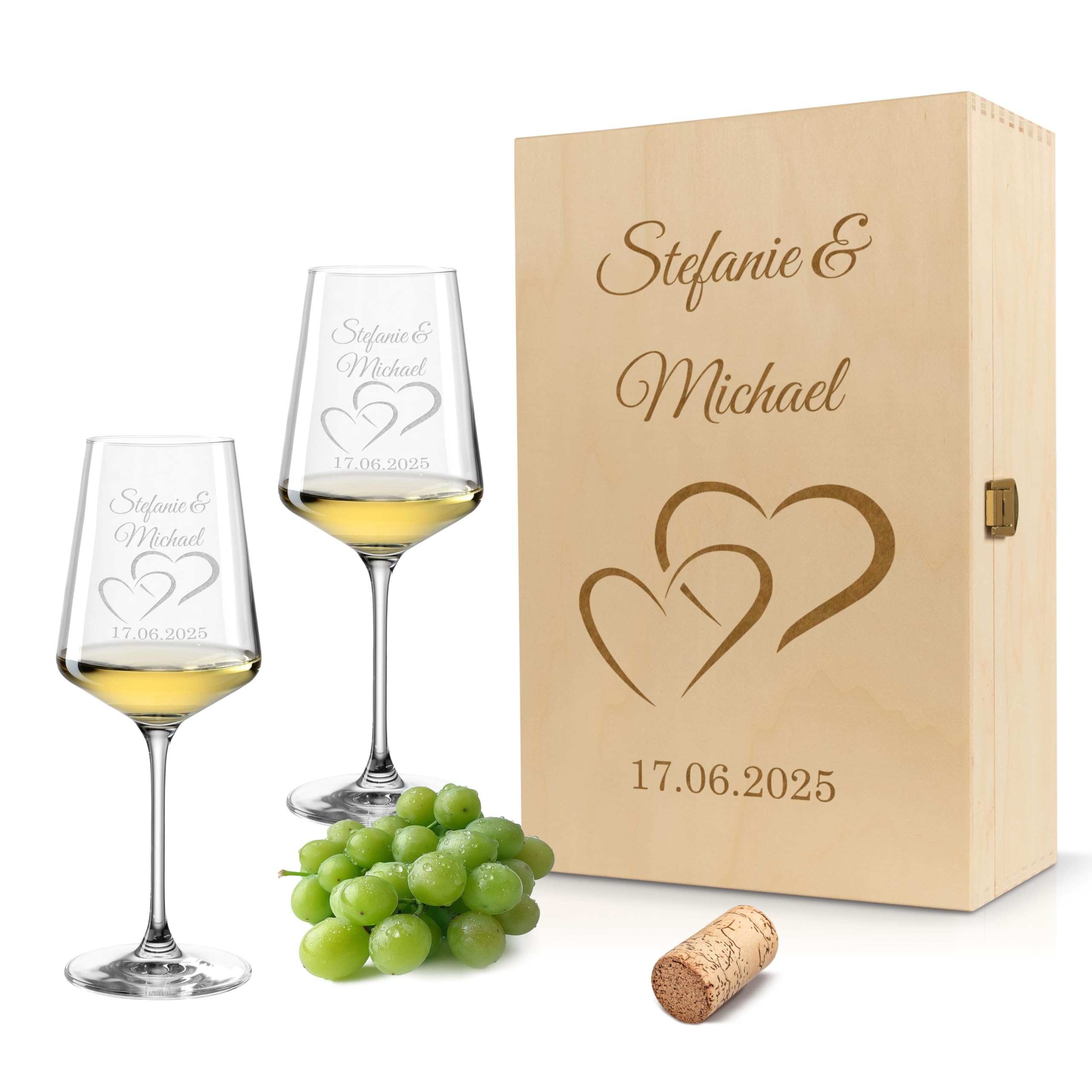 Weinglas 2er Set 560 ml „Nur die Liebe zählt“ - Herz-Glas – Leonardo Puccini Glas mit Lasergravur – personalisierte Weingläser mit Namen & Datum in Holzbox – Geschenk für Paare